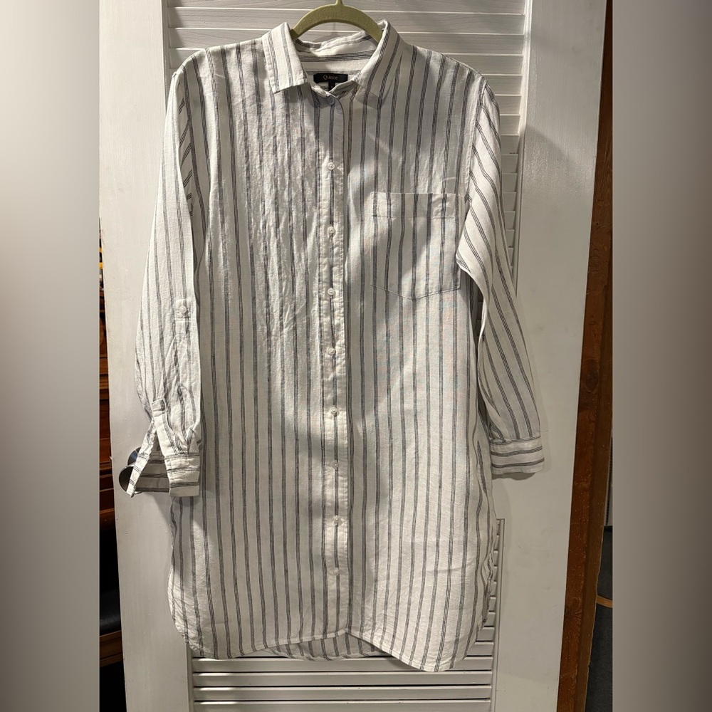 Quince European Linen shirt dress // oatmeal + black pinstripe // size small